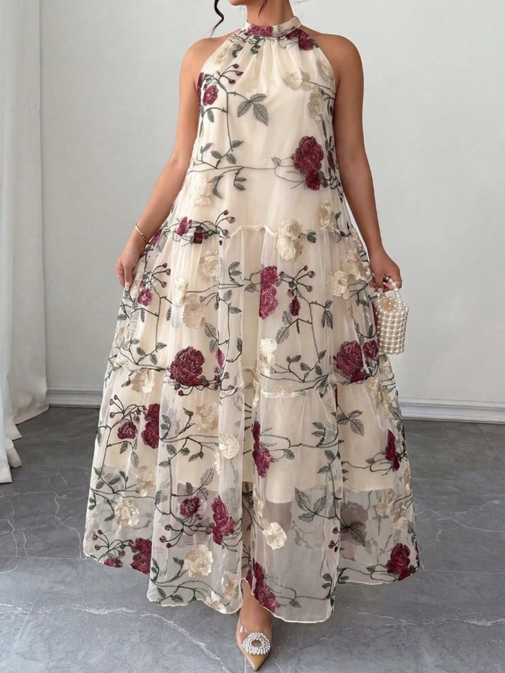 Beige Boho Women's Backless Pearls Ruffle Hem Sleeveless Tiered Long Maxi Dress